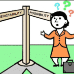 picture of woman looking at sign showing predictability one side and possibility other side